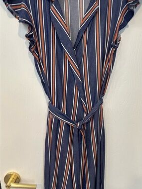 saltwater LUXE Navy Midi Wrap Dress with Rust and White Stripes